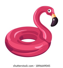 Pink flamingo lifebuoy, isolated buoy in shape of tropical bird. Exotic creature with long neck and beak. Safe rest by swimming pool or seaside. Inflatable balloon isolated icon, vector in flat style