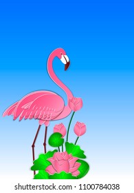 Pink flamingo and lotus flowers against the blue sky. Summer background, cover, banner, poster, template. 3d vector illustration. Paper cut out style.