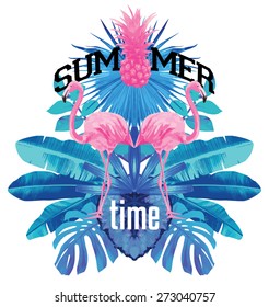 Pink flamingo mirror illustration Typographical Background With Tropical Plants pineapple And Flowers party poster with blue palm leaf and lettering summer time