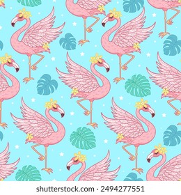 Pink flamingo and monstera leaves on blue background. Seamless pattern. For kids fabric design, wallpaper, backdrops, wrapping paper, prints etc. Vector