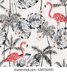 Pink flamingo, monstera leaves, palm trees, plumeria flowers, light background. Vector floral seamless pattern. Tropical illustration. Exotic plants and birds. Summer beach design. Paradise nature