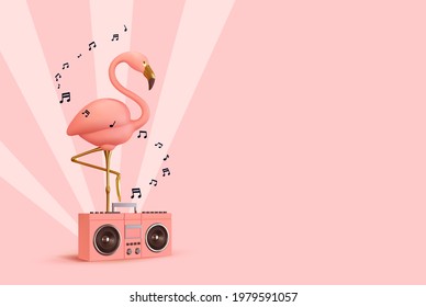 Pink flamingo with Music player. Realistic 3d design of objects. Musical summer concept background. Vector illustration
