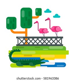 Pink flamingo near fence and alligator on abstract lake. Zoo vector illustration in flat style design. Cartoon birds and big crocodile picture for children book. Clouds in sky, green trees