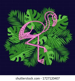 Pink Flamingo Neon sign in tropical palm leaves on dark background vector illustration. Logo design template. Light banner, glowing neon signboard for advertising