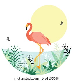 Pink flamingo on the beach at dusk among exotic greenery 