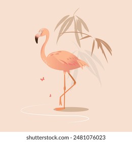 Pink flamingo on beige background with leaf and butterflies. Vector