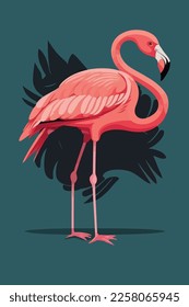 Flamingo rosa sobre un fondo oscuro. Ilustración vectorial de un flamingo. afiche de pájaro estilo caricatura de color plano