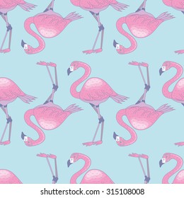 Pink flamingo on light blue background vector seamless pattern