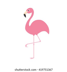 Pink flamingo on one leg. Exotic tropical bird. Zoo animal collection. Cute cartoon character. Decoration element. Flat design. White background. Isolated. Vector illustration 