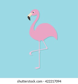 Pink flamingo on one leg. Exotic tropical bird. Zoo animal collection. Cute cartoon character. Flat design. Blue background. Vector illustration 