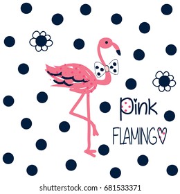 pink flamingo on polka dots background, T-shirt graphics for kids vector illustration