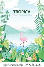 Pink flamingo on tropical forest background with sky and mountains. Vector illustration for poster and banner.