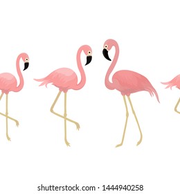 Pink flamingo on white background. Vector seamless pattern. Graphical realistic flamingo bird pattern. Horizontal orientation. Pink exotic bird