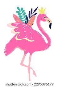 Pink flamingo on a white background. leafs and crown Vector illustration.