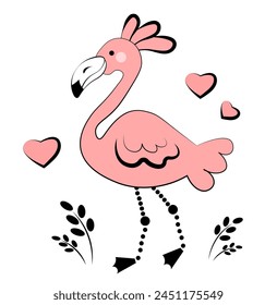 Pink flamingo on white background. Doodle