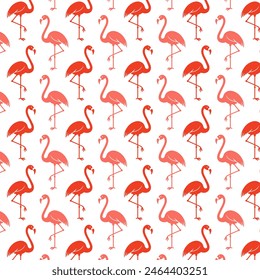 Pink flamingo on white background  regular seamless pattern. Tropical trendy background for print, clothing, packaging and postcard. Exotic Hawaii art. Cartoon vector illustration.