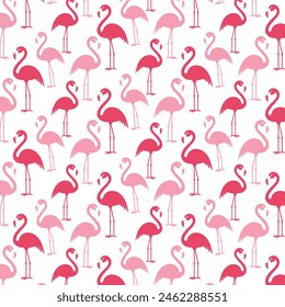 Pink flamingo on white regular seamless pattern. Tropical trendy background for print, clothing, packaging and postcard. Exotic Hawaii art. Cartoon vector illustration.