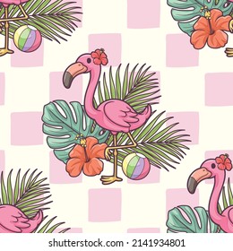 Flamingo rosa, hojas de palma, monstera, hibiscus y bola de playa, lindo patrón de repetición de fondo sin costura de verano, fondo de fondo de papel pintado, Para usar como parte de tu diseño, tarjeta y muchos más.