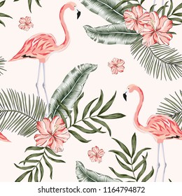 Pink flamingo palm leaves, hibiscus flowers bouquets background. Vector floral seamless pattern. Tropical illustration. Exotic plants and birds. Summer beach design. Paradise nature