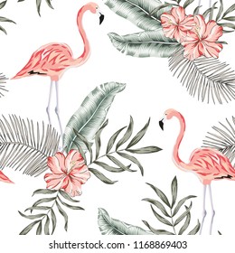 Pink flamingo palm leaves, hibiscus flowers bouquets, white background. Vector floral seamless pattern. Tropical illustration. Exotic plants and birds. Summer beach design. Paradise nature