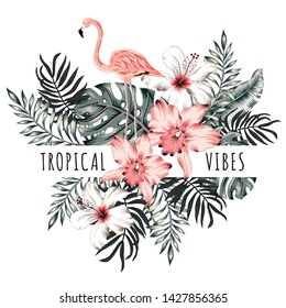 Pink flamingo, palm leaves, hibiscus, orchid, text Tropical vibes, white background. Print for t shirt, card, poster template. Vector illustration. Summer beach floral design with bird, flowers