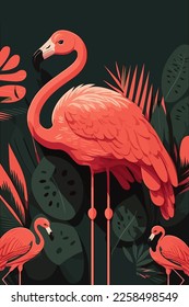 Pink flamingo with palm leaves. Tropical background. Vector illustration. flat color cartoon style bird poster