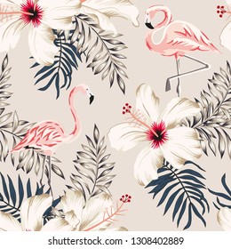 Pink flamingo, palm leaves, white hibiscus flowers, beige background. Vector floral seamless pattern. Tropical illustration. Exotic plants and birds. Summer beach design. Paradise nature