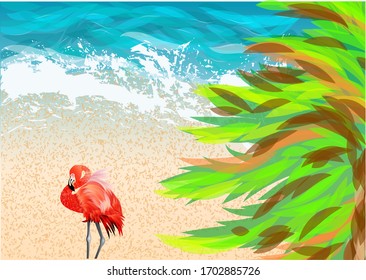 Pink flamingo and palm on the beach