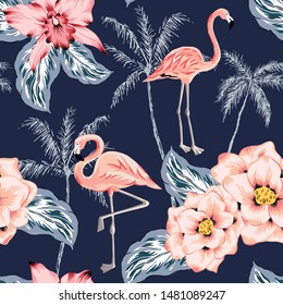 Pink flamingo, palm trees, rose, orchid flower, leaves, navy background. Vector seamless pattern. Tropical illustration. Exotic plants, birds. Summer beach design. Paradise nature 