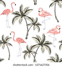 Pink flamingo, palm trees, white background. Vector floral seamless pattern. Tropical illustration. Exotic plants and birds. Summer beach design. Paradise nature