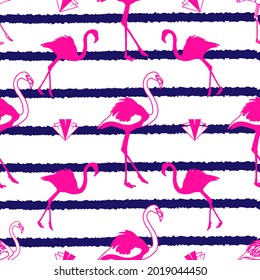Pink Flamingo Pattern Design on Blue Stripes Background