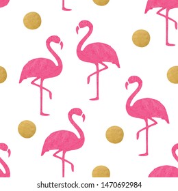 Pink Flamingo Pattern with Golden Dots. Endless