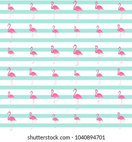 Pink flamingo pattern on blue water color stripes, exotic tropical bird vector, summer beautiful fashion lines background on white