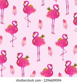 Pink flamingo pattern print with feathers