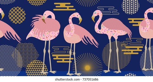 Pink flamingo pattern. Seamless border with birds and geometric ornaments inspired by 1980-1990s design. Vector print with Japanese, Chinese, Korean motifs. Oriental collection, dark background.