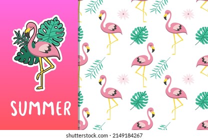 Pink flamingo pattern white background and card. Factory textiles. Bedclothes. Curtains. Gift paper. EPS