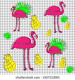 pink flamingo pattern, yellow pineapple, tropical green leaves on a white background with black polka dots modern design for fashionable fabric, textile, wallpaper, cover, wrapping paper,.Vector