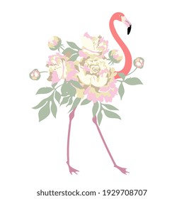 Pink flamingo with peony flower. Fantastic bird. Flat style. Vector illustration.