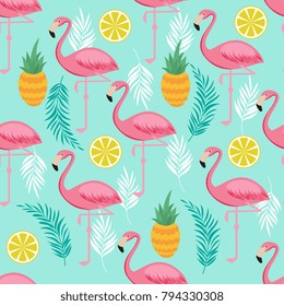 Pink flamingo, pineapples and exotic leaves vector seamless pattern. Exotic summer pattern with bird flamingo illustration