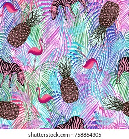 Pink flamingo and pineapples, zebra sketch, colorful tropical leaves, vector seamless pattern