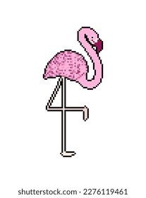 Pink flamingo pixel art isolated. 8 bit water bird with pale pink plumage pixelated