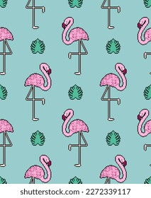 Pink flamingo pixel art pattern seamless. 8 bit water bird with pale pink plumage pixelated background