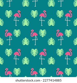 Pink flamingo pixel art pattern seamless. 8 bit water bird with pale pink plumage pixelated background
