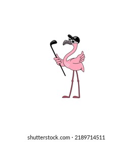 Pink Flamingo Play Golf. Vector illustration, Cartoon character, Logo