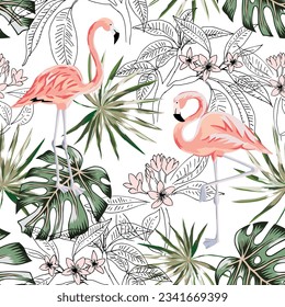 Pink flamingo, plumeria flowers, green palm leaves, white background. Vector floral seamless pattern. Tropical illustration. Exotic plants, birds. Summer beach design. Paradise nature