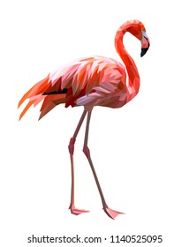 pink flamingo of polygons isolated over a white background, flamingo bird with folded wings on two long legs ,vector illustration of pink flamingo, many pink shades