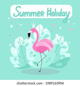 Pink flamingo poster for summer holidays, flamingos on a background of palm leaves. Exotic bird, vector illustration in flat style