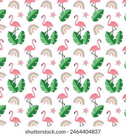 Pink flamingo, rainbow, leaves and flower on white regular seamless pattern. Tropical trendy background for print, clothing, packaging and postcard. Exotic Hawaii art. Cartoon vector illustration.