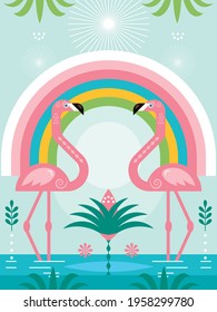Pink flamingo, rainbow. Summer time. Vector illustration, poster, card, banner, flyer design