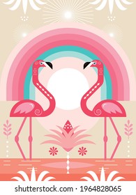 Pink flamingo and rainbow, vector illustration, poster, card, banner, flyer design